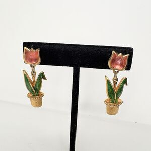 Vintage Avon Pink Lucite Enamel Tulip Flower Earrings Post Dangle Drop